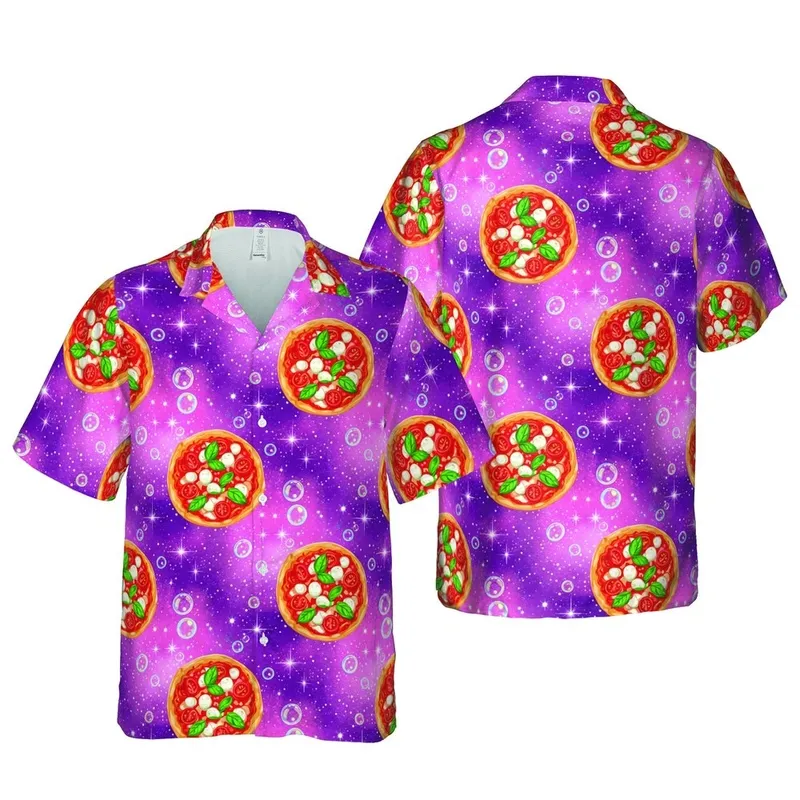 Margherita Pizza Hawaiian Pattern: Galaxy Orbs, Starbursts, Cosmic Gradient Design Short-sleeve Hawaiian Shirt - 1