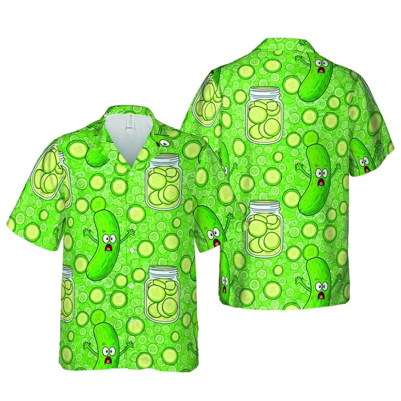 Hawaiian Pattern: Cartoon Whole Pickles Flailing Arms Sliced Jars Pickle Mosaic Short-sleeve Hawaiian Shirt - 1