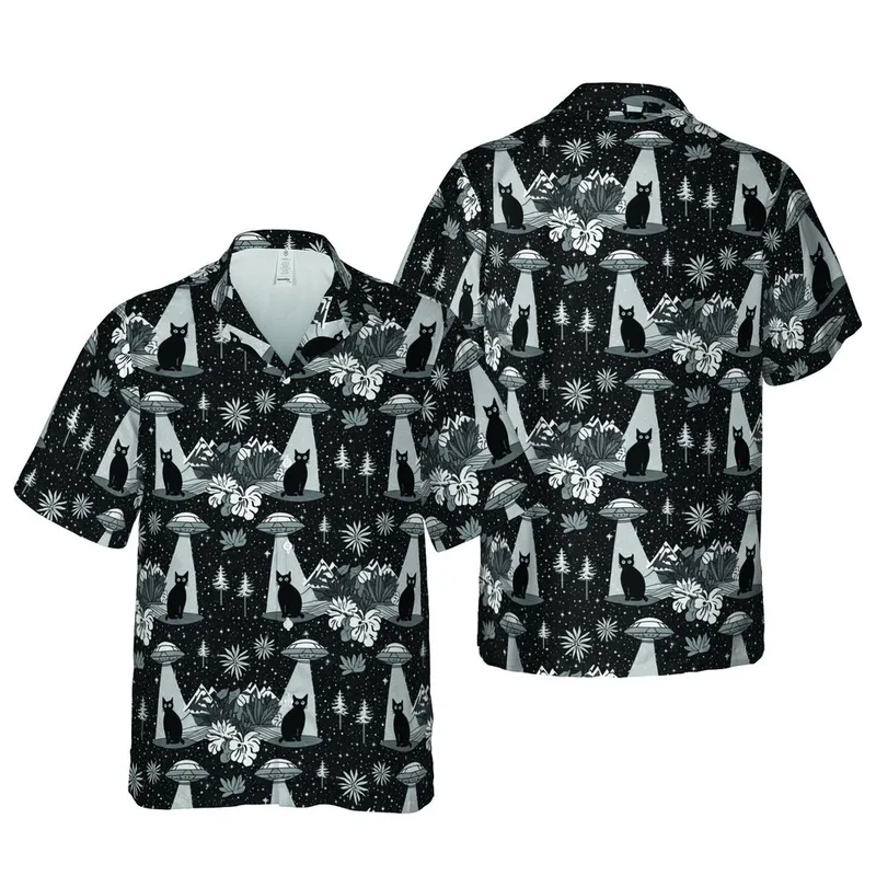 UFO Cats Hawaiian Pattern: Flying Saucers, Fluffy Black Cats, Starry Night Fabric Print Short-sleeve Hawaiian Shirt - 1