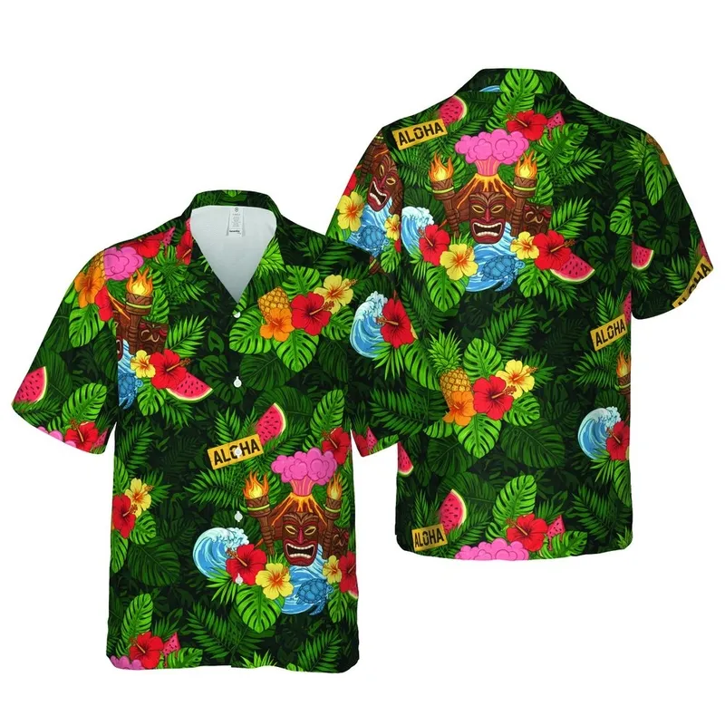 Tiki Mask Volcano Sea Turtle Aloha Tropical Palm Hibiscus Pineapple Ocean Assemblage Short-sleeve Hawaiian Shirt - 1