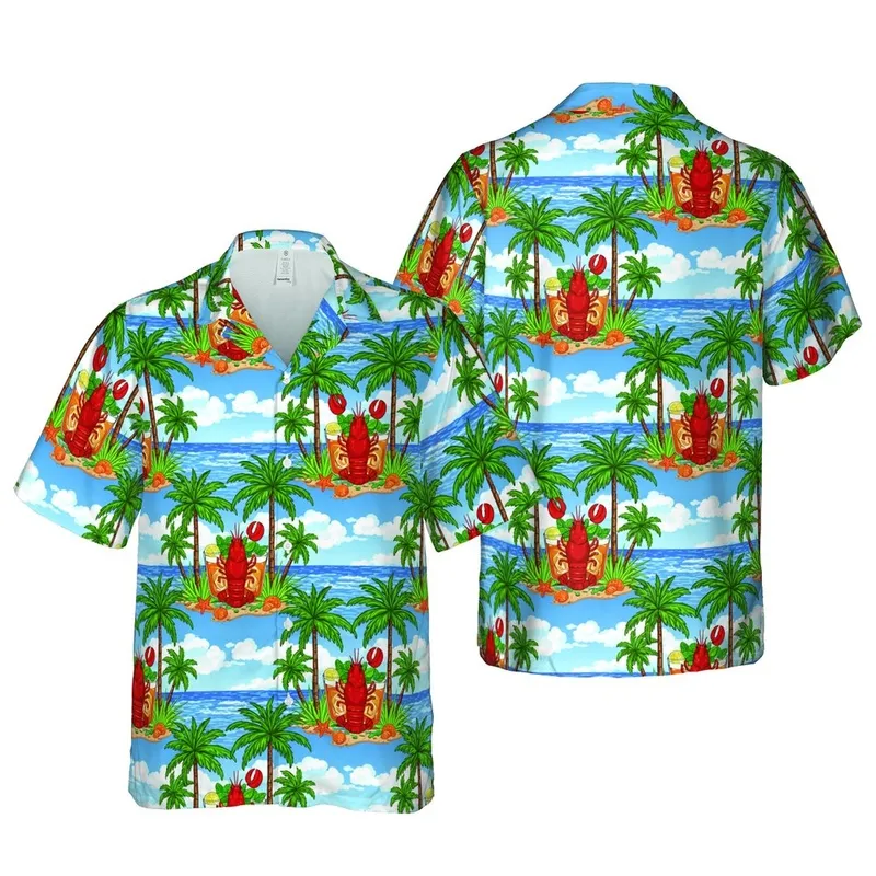 Beach Lover's Upright Red Lobster Cocktail Glass Palm Trees Ocean Seamless Pattern Short-sleeve Hawaiian Shirt - 1