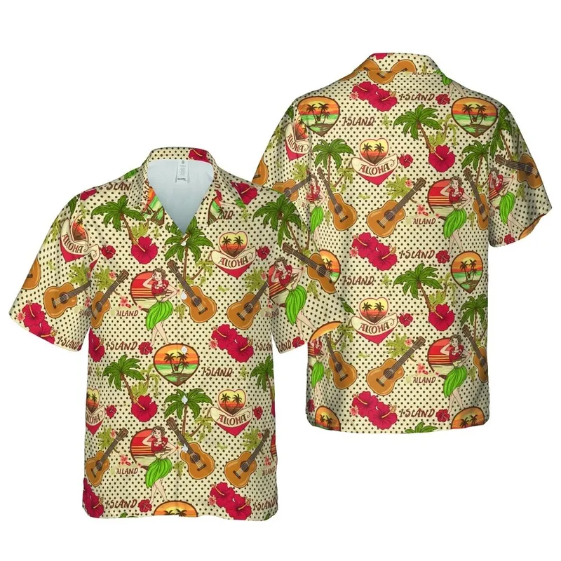 Vintage Pin-Up Hula Girl Hawaiian Beach Sunset Ukulele Pineapple ALOHA Polka Dot Short-sleeve Hawaiian Shirt - 1