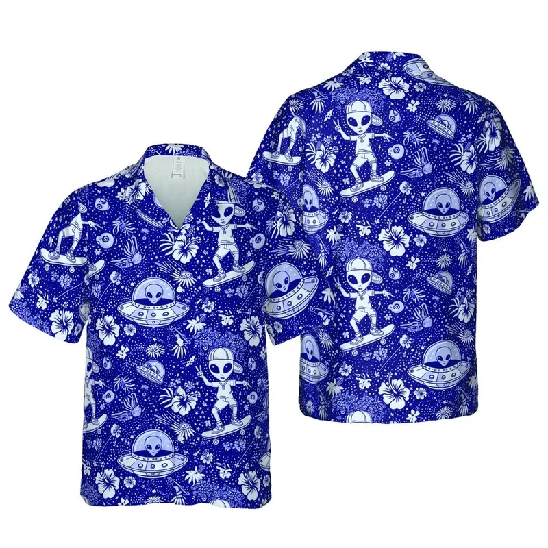 Skateboarder Alien Grey Alien Peace Sign Saucer Ray Gun Stars Navy Blue Short-sleeve Hawaiian Shirt - 1
