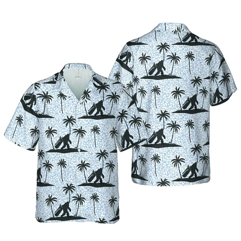 Bigfoot Golfer Hawaiian Pattern: Black Silhouette Palm Tree Golf Bag Design, Blue-Grey Short-sleeve Hawaiian Shirt - 1