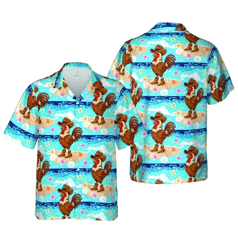 Cowboy Rooster Beach Pattern, Hawaiian Ocean Waves, Plumeria Seashell Textile Fabric Short-sleeve Hawaiian Shirt - 1