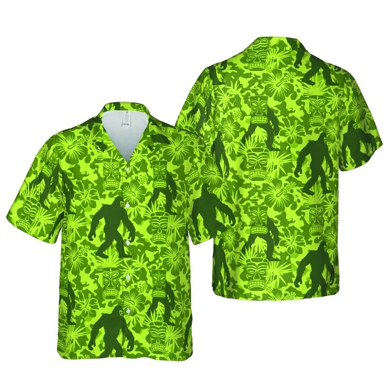 Tropical Bigfoot Design: Forest Green Sasquatch Tiki Mask Olive Chartreuse Camo Textile Short-sleeve Hawaiian Shirt - 1