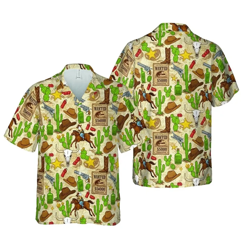 Cowboy Western Hawaiian Pattern: Lasso Riders, Steer Skulls, Hats, Badges, Cactus Short-sleeve Hawaiian Shirt - 1