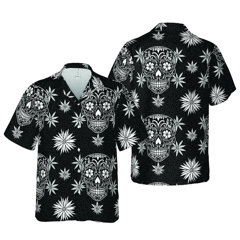 Decorated Sugar Skull Intricate Botanical Petal Starburst Black White High Contrast Mosaic Short-sleeve Hawaiian Shirt - 1