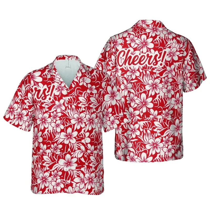 Celebration Script Repeating Hawaiian Pattern High Contrast Red White Textile Design Short-sleeve Hawaiian Shirt - 1