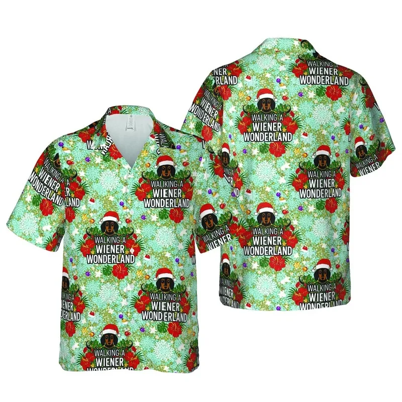 Dachshund Owner Holiday: Santa Hat Wiener Dog Christmas Lights & 'Wiener Wonderland' Pattern Short-sleeve Hawaiian Shirt - 1