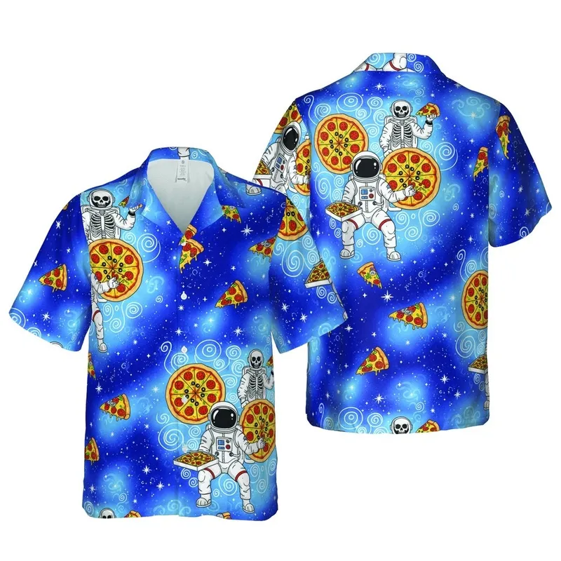 Astronaut Pizza Feast: White Suited Explorers, Skeleton Hawaiian Seamless Pattern Short-sleeve Hawaiian Shirt - 1