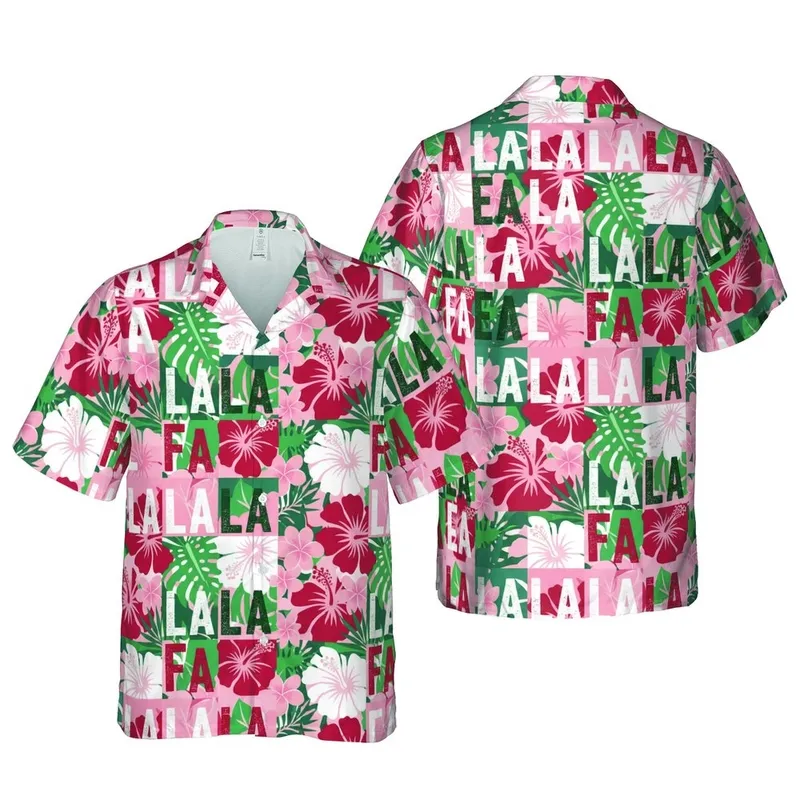 FA LA LA LA Grid Distressed Grunge Typographic Seamless Hawaiian Fabric Print Red Pink Teal Short-sleeve Hawaiian Shirt - 1