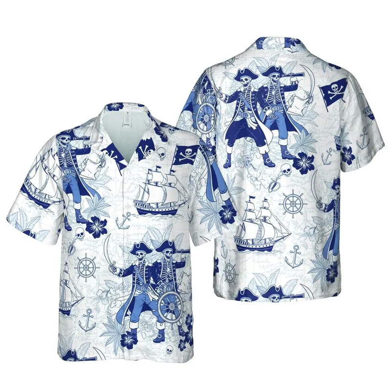 Skeleton Pirates Steering Cutlass Galleons Frigates Hawaiian Seamless Sea Chart White Navy Sky Blue Short-sleeve Hawaiian Shirt - 1
