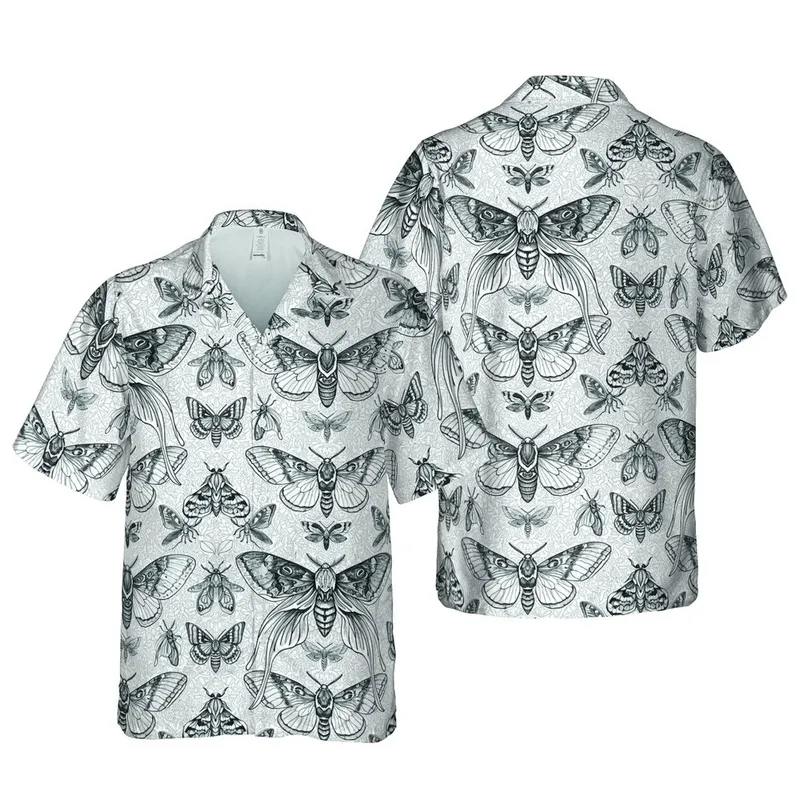 Tropical Luna Sphinx Moths Seamless Botanical Wing Venation High Contrast White Black Grey Motif Short-sleeve Hawaiian Shirt - 1