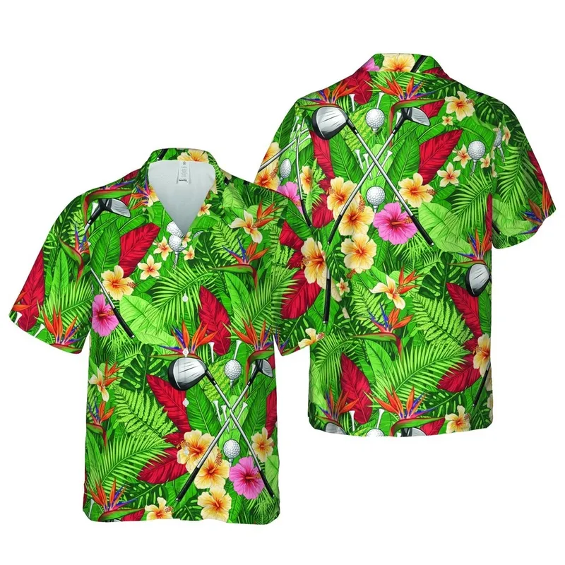 Golfer's Hawaiian Golf Club Bird of Paradise Hibiscus Palm Intricate Fabric Design Short-sleeve Hawaiian Shirt - 1