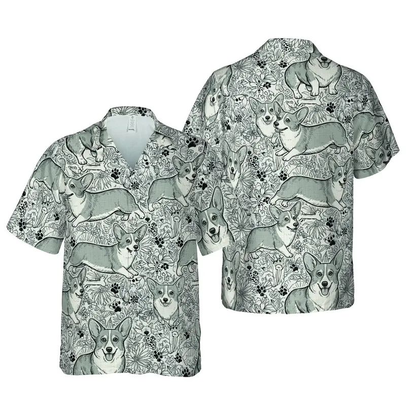 Pembroke Corgi Dog Paw Print Bone Sketch Seamless Pattern Sublimation Print Short-sleeve Hawaiian Shirt - 1