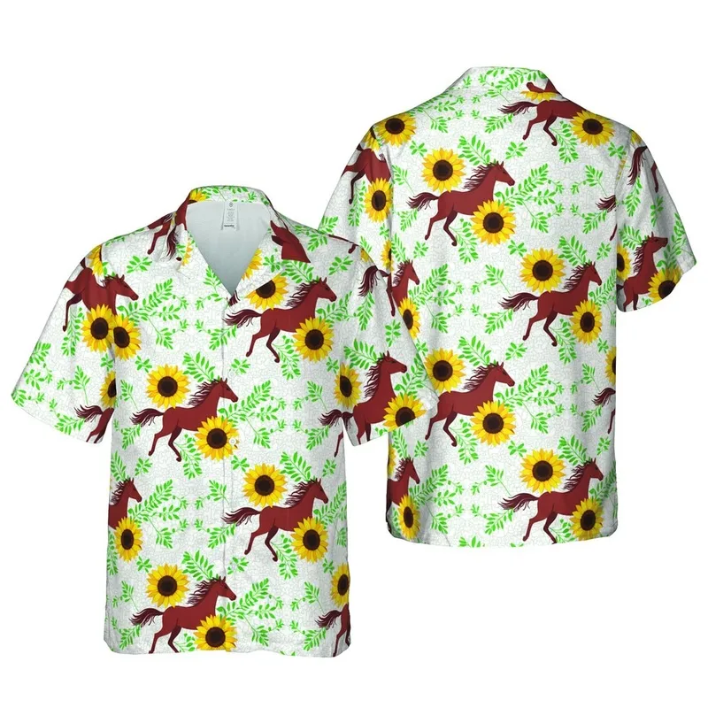 Equestrian Galloping Reddish-Brown Horses, Yellow Sunflowers, Green Foliage, White Pattern Short-sleeve Hawaiian Shirt - 1
