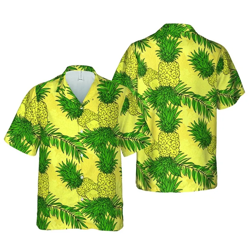 Seamless Hawaiian Whole Pineapple & Frond Pattern: Yellow Green Black High Contrast Botanical Short-sleeve Hawaiian Shirt - 1