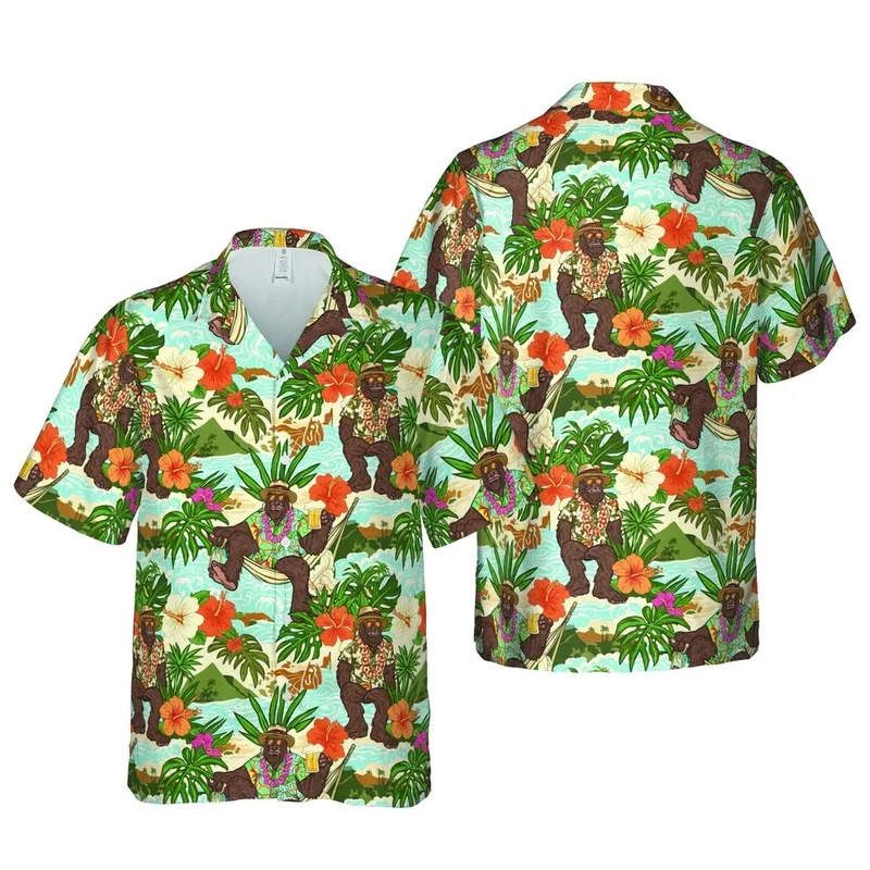 Bigfoot Hawaiian Pattern: Relaxed Sasquatch Beer Lei Tropical Island Fabric Design Short-sleeve Hawaiian Shirt - 1