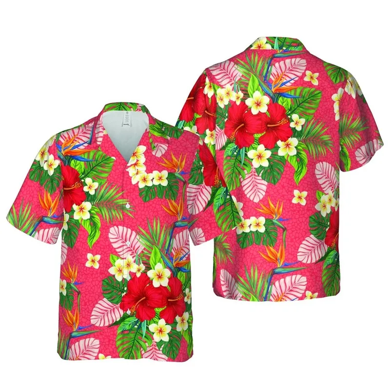 Seamless Tropical Hibiscus Plumeria - Coral Red Birds Palm Fronds Botanical Pattern Short-sleeve Hawaiian Shirt - 1