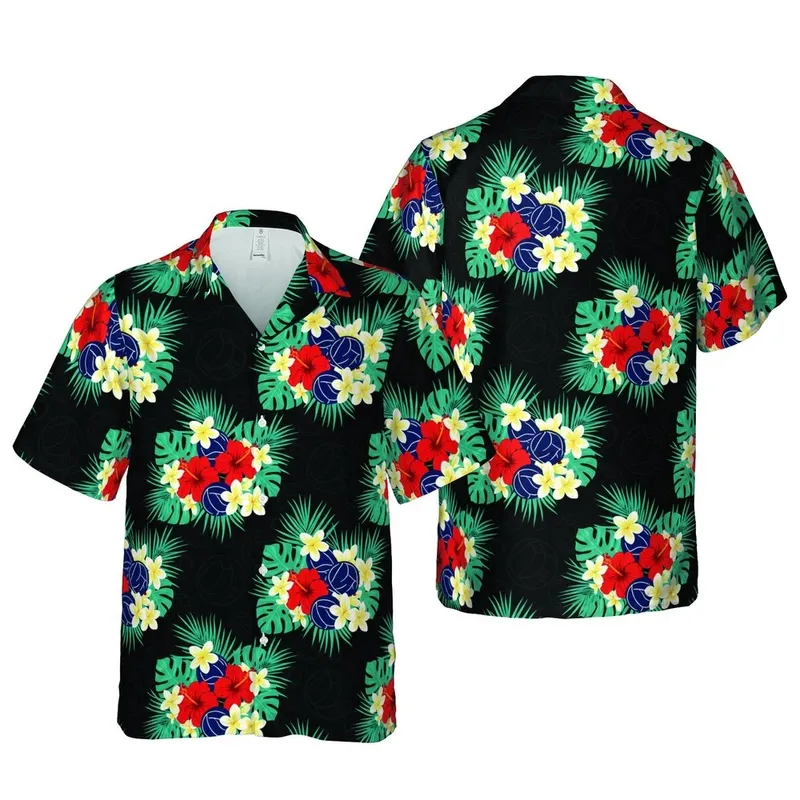Hawaiian Tropical Volleyball: Red Yellow White Flowers, Monstera, Palm Frond Pattern Short-sleeve Hawaiian Shirt - 1