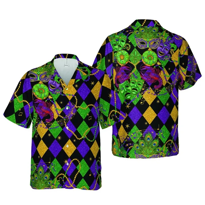 Mardi Gras Masquerade Masks Crawfish Donuts Fleur-de-lis Glitter Argyle Fabric Design Short-sleeve Hawaiian Shirt - 1