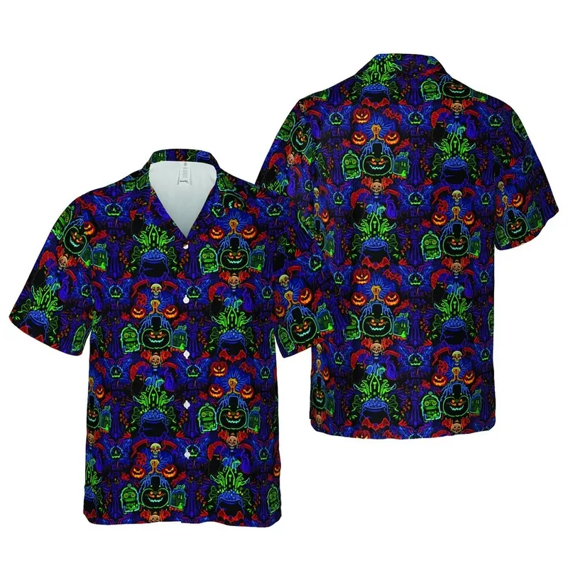 Halloween Hawaiian: Neon Skeletons, Reapers, Cats, Jack-O'-Lanterns, Bats Short-sleeve Hawaiian Shirt - 1