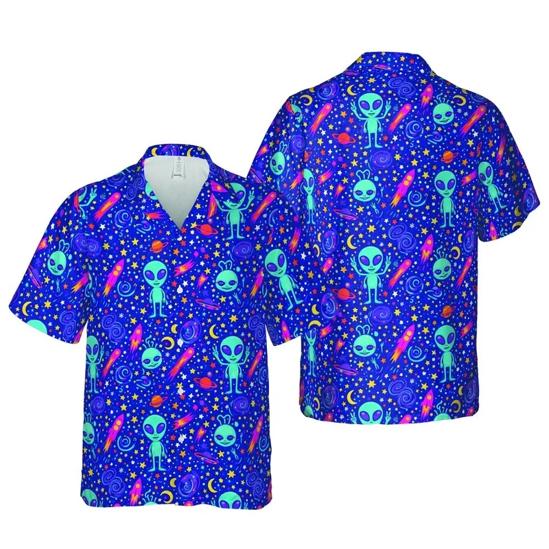 Royal Blue Teal Alien Peace Sign Rocket Launch Planetary Sublimation Art Short-sleeve Hawaiian Shirt - 1