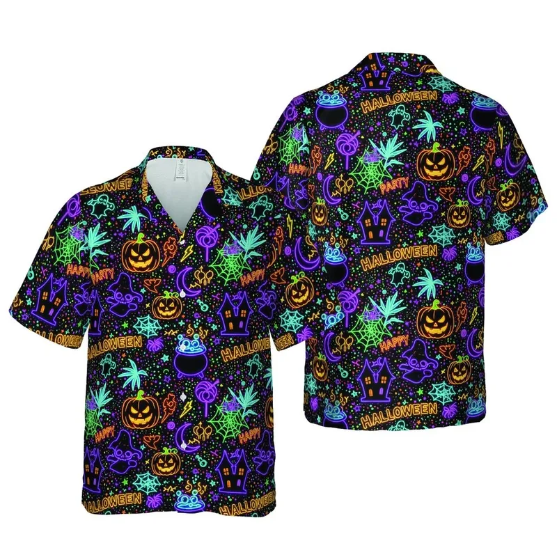 Hawaiian Neon Halloween Pattern: Jack-O-Lantern Skull Ghost Witch Textile Print Short-sleeve Hawaiian Shirt - 1