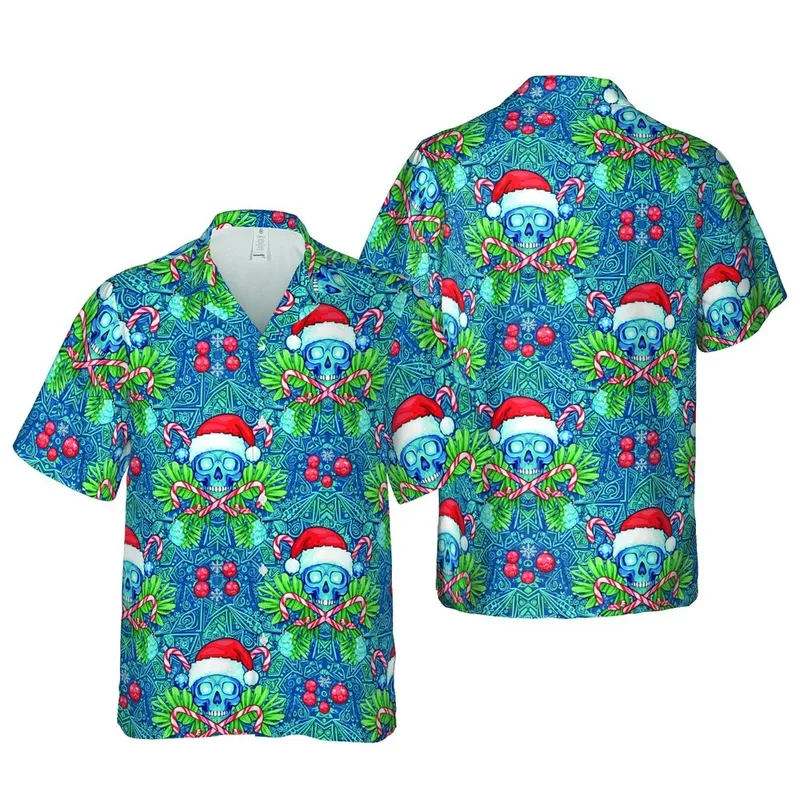 Seamless Hawaiian Skull Santa Hat Candy Cane Christmas Ornament Red Blue Green Fabric Print Short-sleeve Hawaiian Shirt - 1