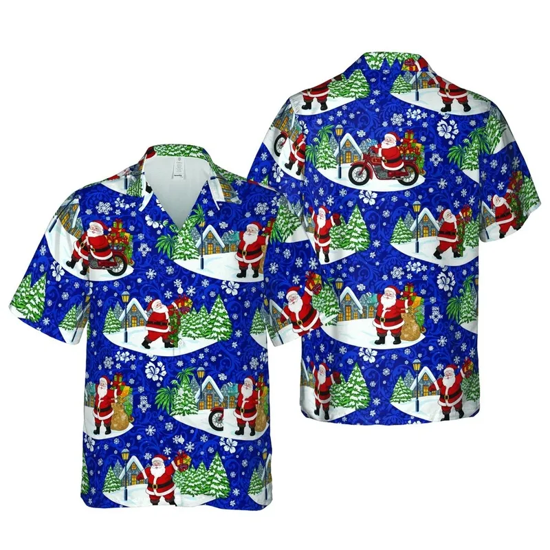 Santa Claus Motorcycle Presents Tropical Village Snow Night Sky Landscape Fabric Print Short-sleeve Hawaiian Shirt - 1