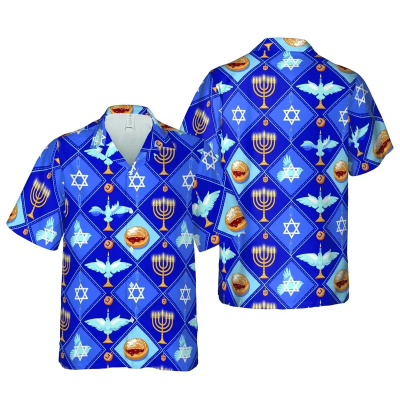 Golden Menorah Sufganiyot Star of David Dreidels Diamond Mosaic Hawaiian Fabric Pattern Short-sleeve Hawaiian Shirt - 1