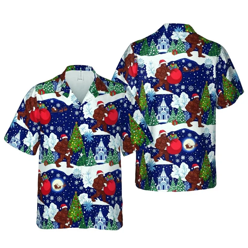 Bigfoot Santa Hawaiian Winter Night Pattern, Snowy Russian Cathedral, Decorated Trees, Gifts Short-sleeve Hawaiian Shirt - 1