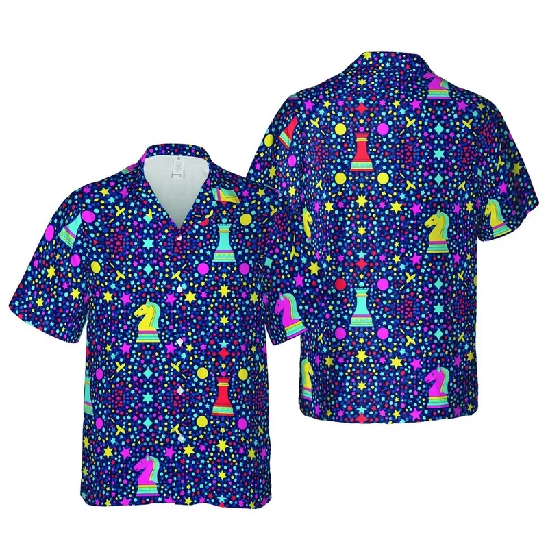 Hawaiian Chess Pieces Pattern Navy Background Beige Knights Pink Queens Blue Rooks Multi Pawns Dots Stars Short-sleeve Hawaiian Shirt - 1