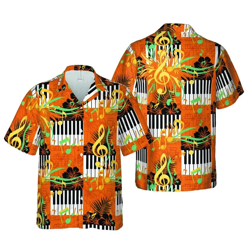 Music Lover Hawaiian Pattern: Orange Teal Notes, Treble Clefs, Piano Keyboard Design Short-sleeve Hawaiian Shirt - 1