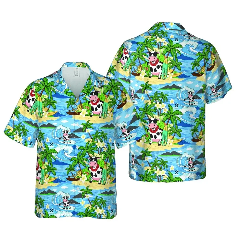 Black White Cartoon Cow Surfing Hawaiian Ocean Waves Palm Trees Plumeria Beach Pattern Short-sleeve Hawaiian Shirt - 1