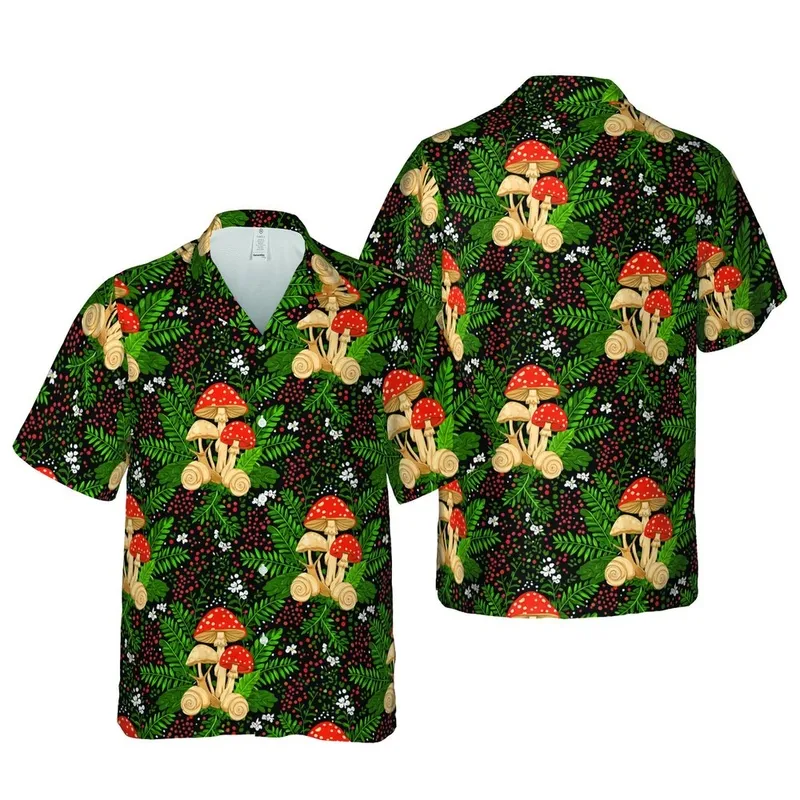 Mushroom Snail Fern Botanical Seamless Print – Deep Black Background Red Berry White Flower Pattern Short-sleeve Hawaiian Shirt - 1