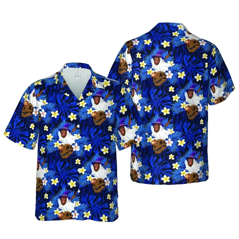 Bigfoot Ghost Witch Mummy Dinosaur Skull Hawaiian Hibiscus Plumeria Foliage Short-sleeve Hawaiian Shirt - 1