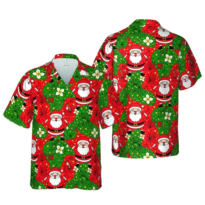 Christmas Santa Hawaiian Pattern: Cartoon Red Green Star Mosaic Botanical Design Short-sleeve Hawaiian Shirt - 1