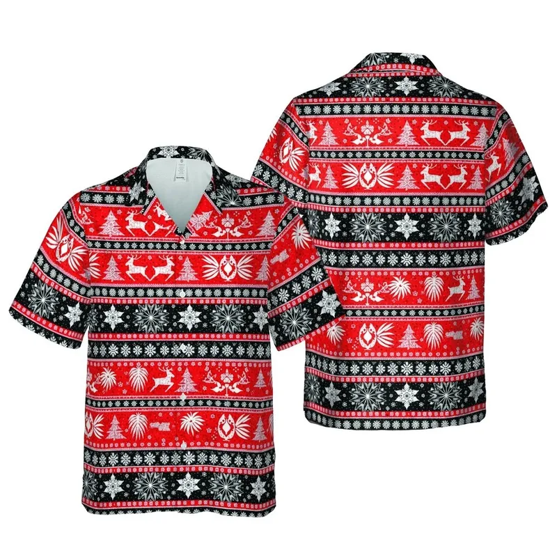Hawaiian Reindeer Christmas Pattern: Intricate Red White Snowflake Starburst Design Short-sleeve Hawaiian Shirt - 1