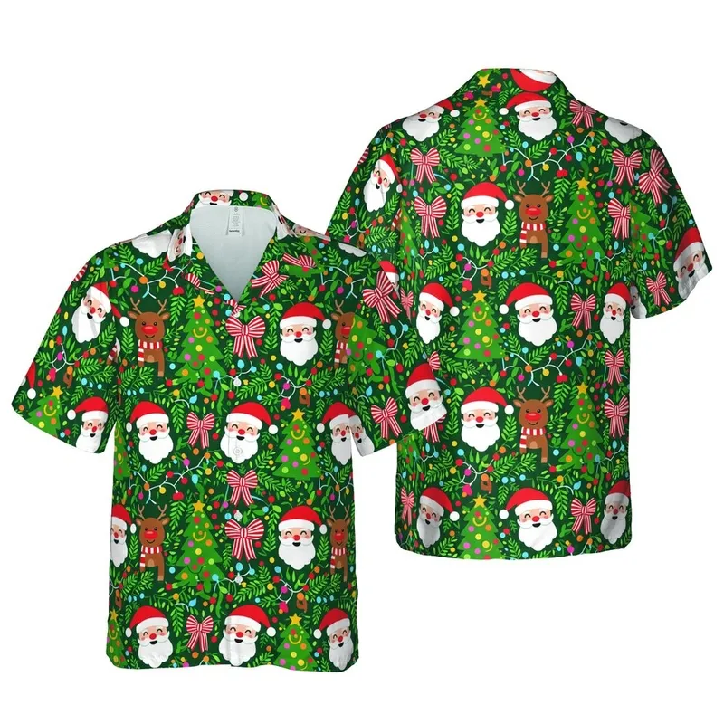 Emerald Green Christmas Hawaiian Pattern: Santa, Rudolph, Tree, Bows, Lights Short-sleeve Hawaiian Shirt - 1