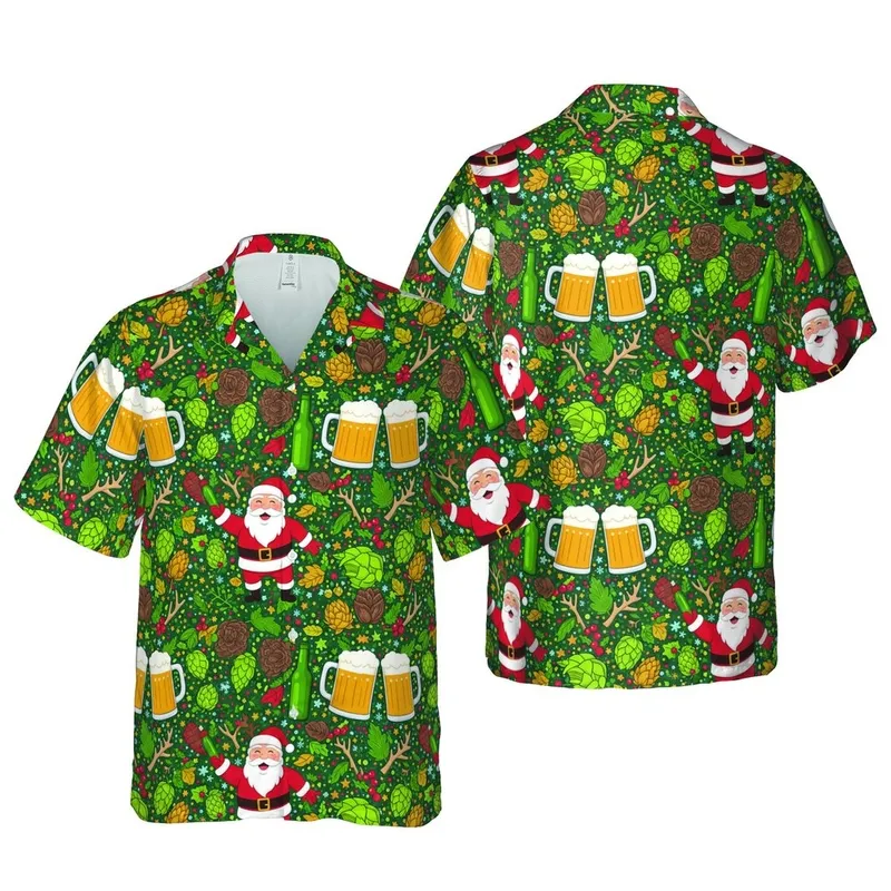 Santa Claus Hawaiian Pattern: Beer Steins, Reindeer Antlers, Holly, Snowflakes Short-sleeve Hawaiian Shirt - 1