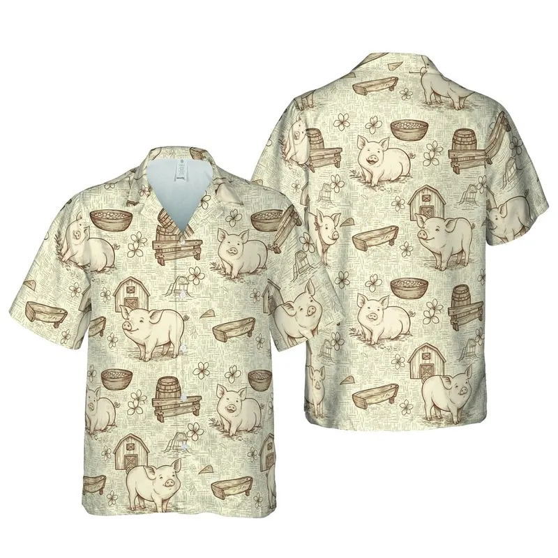 Piglet Farm Hawaiian Vintage Engraving Cross-Hatch Pattern Cream Beige Taupe Fabric Short-sleeve Hawaiian Shirt - 1