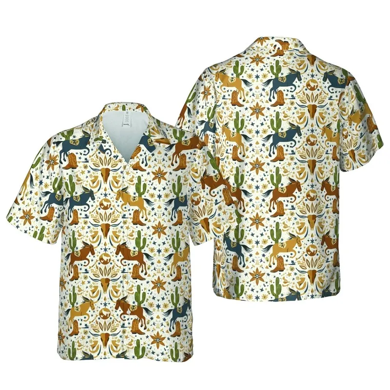 Texas Western Aloha: Longhorns, Pinto Horses, Boots, Revolvers, Cacti, Celestial Accents Short-sleeve Hawaiian Shirt - 1