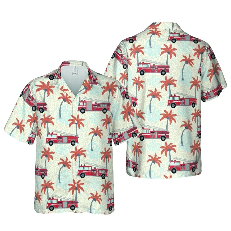Firefighter Fan Hawaiian Red Fire Truck Ladder, Pumper & Off-Road Engine Palm Tree Swirl Short-sleeve Hawaiian Shirt - 1
