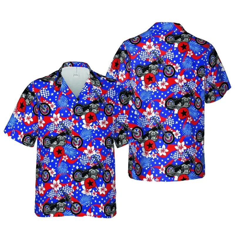 Biker Skull Hawaiian Chopper Motorcycle Design with Racing Flags & Red Star Helmets Short-sleeve Hawaiian Shirt - 1