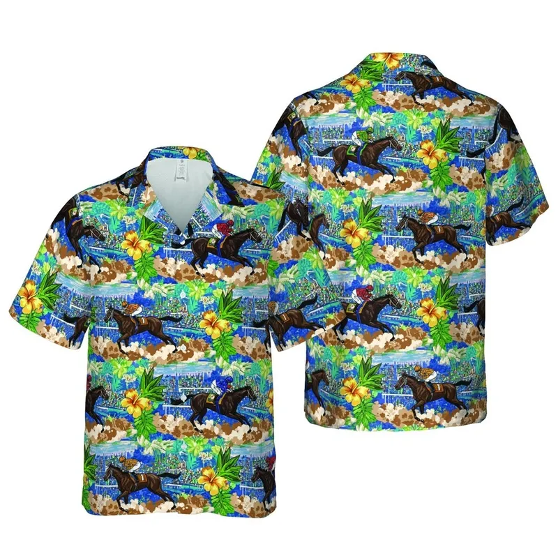 8K Resolution Hawaiian Race Tile: Jockeys, Horses, Grandstands, Spectators at Full Gallop Short-sleeve Hawaiian Shirt - 1
