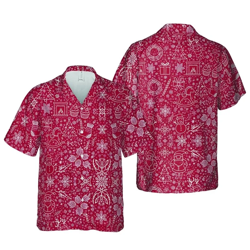 Red White Hawaiian Pattern: Santa Reindeer Tree Gift Snowman Wreath Fireplace Holly Short-sleeve Hawaiian Shirt - 1