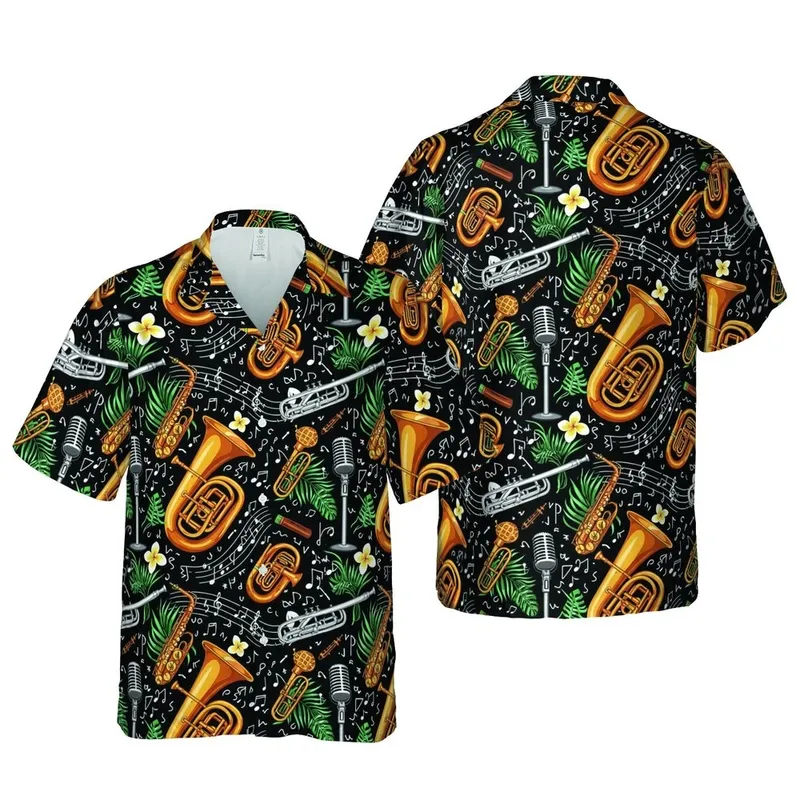 Musician's Hawaiian Copper Sax Golden Tuba Black Music Stave Fabric Print Short-sleeve Hawaiian Shirt - 1