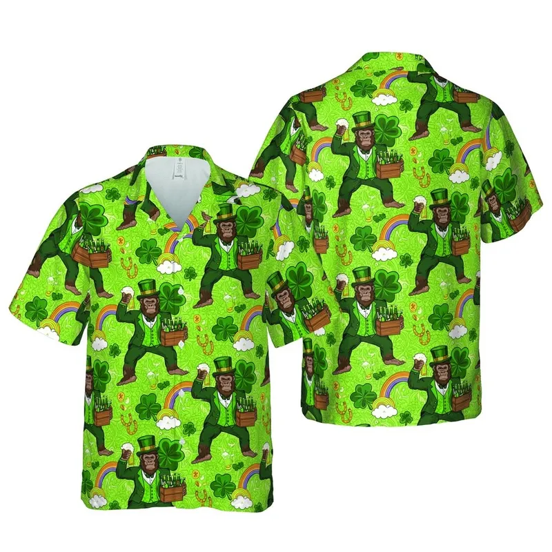 Leprechaun Gorilla Hawaiian: St. Patrick's Shamrocks, Gold Coins & Green Beer Short-sleeve Hawaiian Shirt - 1